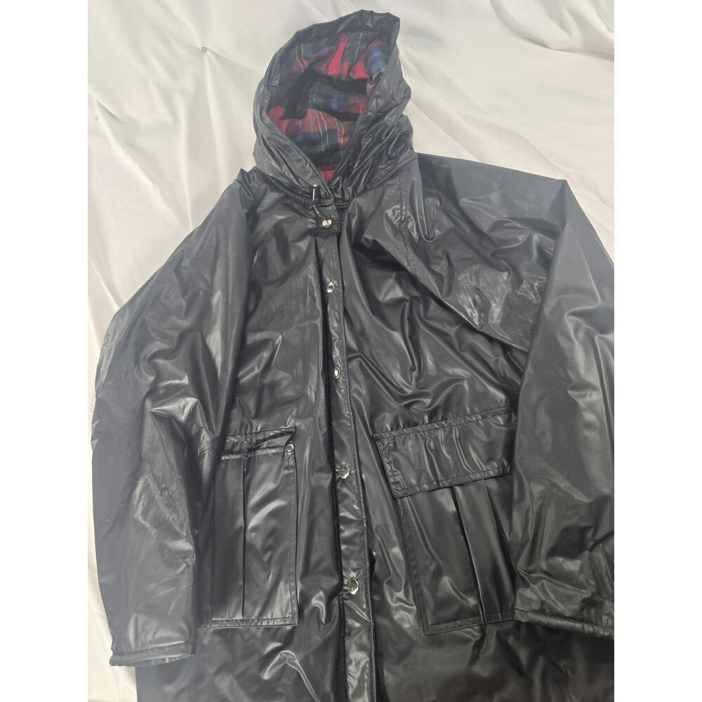 Apres Sport Black Rain Jacket M Hooded PVC Shell Red Plaid Lining 90s Style